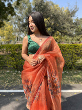 White Pearl Work Pure Organza Royal Orange Saree